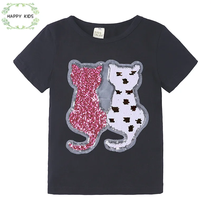 Kid Fashion Paillette T-Shirt Children Girls Change Color Sequins Cartoon Toddler Short Sleeve Flash Summer Clothes for 1-8Y 2