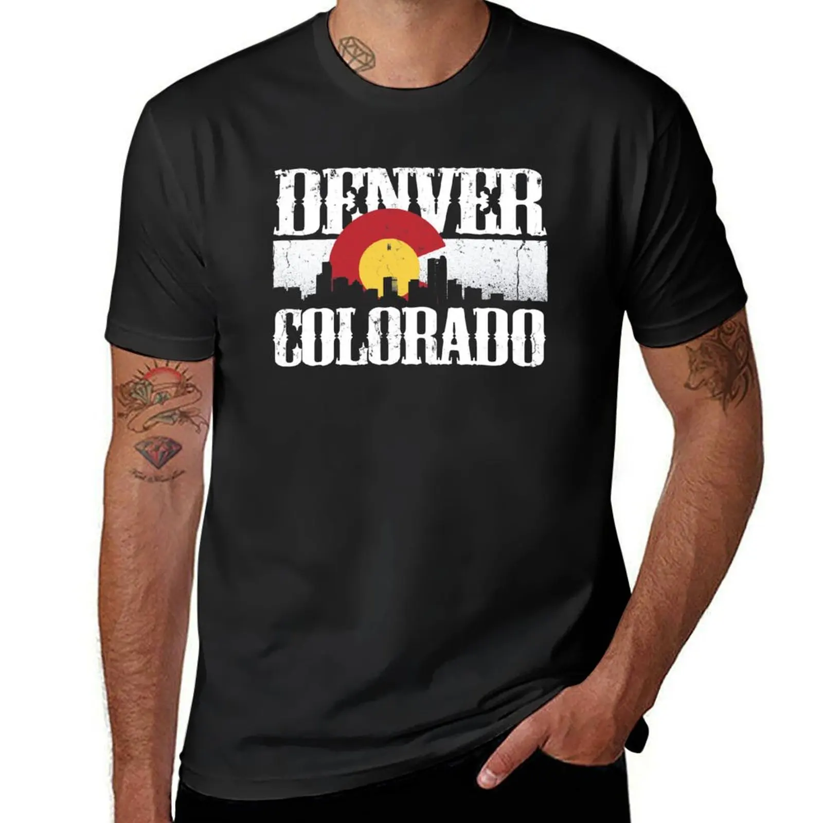 

Denver Colorado Skyline with Colorado Flag T-Shirt summer tops korean fashion workout shirts for men