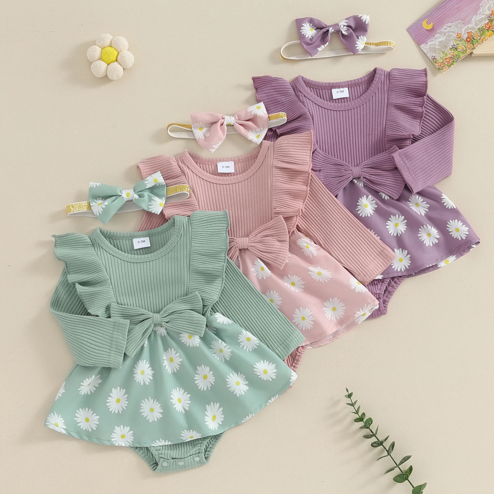 

Baby Girl 2Pcs Spring Outfits Long Sleeve Bow Front Daisy Print Romper with Headband Set Infant Sweety Knitted Bodysuits Clothes