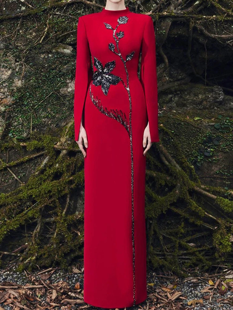 HIGH STREET Newest Fashion 2025 Designer Party Vestido Women's Flowers Beaded Diamonds Beaded Slit Sleeve Long Maxi Dress