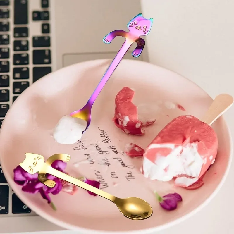 Coffee Spoons 4/1pcs Cute Cat Coffee Spoon Cartoon Stainless Steel Teaspoons Dessert Snack Scoops Ice Cream Spoons Tableware Kitchen Tools