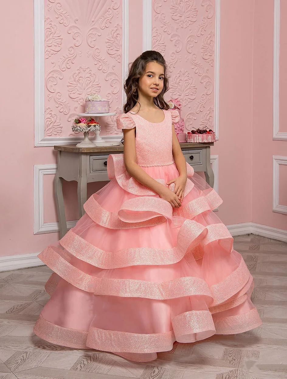 

Pink Tiered Flower Girl Dress Tulle Puffy Ruffles For Wedding Floor Length With Bow Party Birthday Gown First Communion Wear