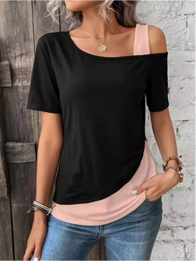Trend Asymmetrische T-Shirt Weibliche Farbe Block Off Schulter Top Sommer Lose Beiläufige Kurzarm Solide Farben T – Detail 4