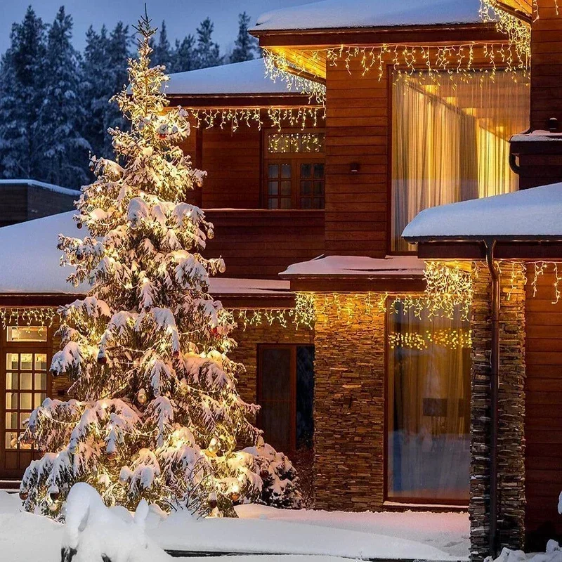 LED String Lights 4Mx0.6M Curtain LED Icicle String Lights EU Plug Christmas Garland Droop Light Wedding Garden Street Outdoor Decorative Lighting