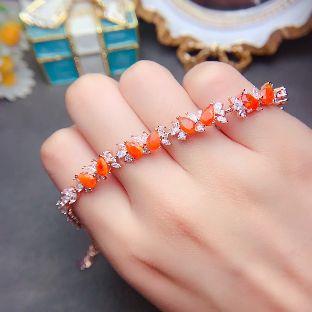 

Ladies Orange Elegant Natural Fire opal Bracelet Deluxe 925 Sterling Silver Classic Simple Colorful Christmas gift bag Mail