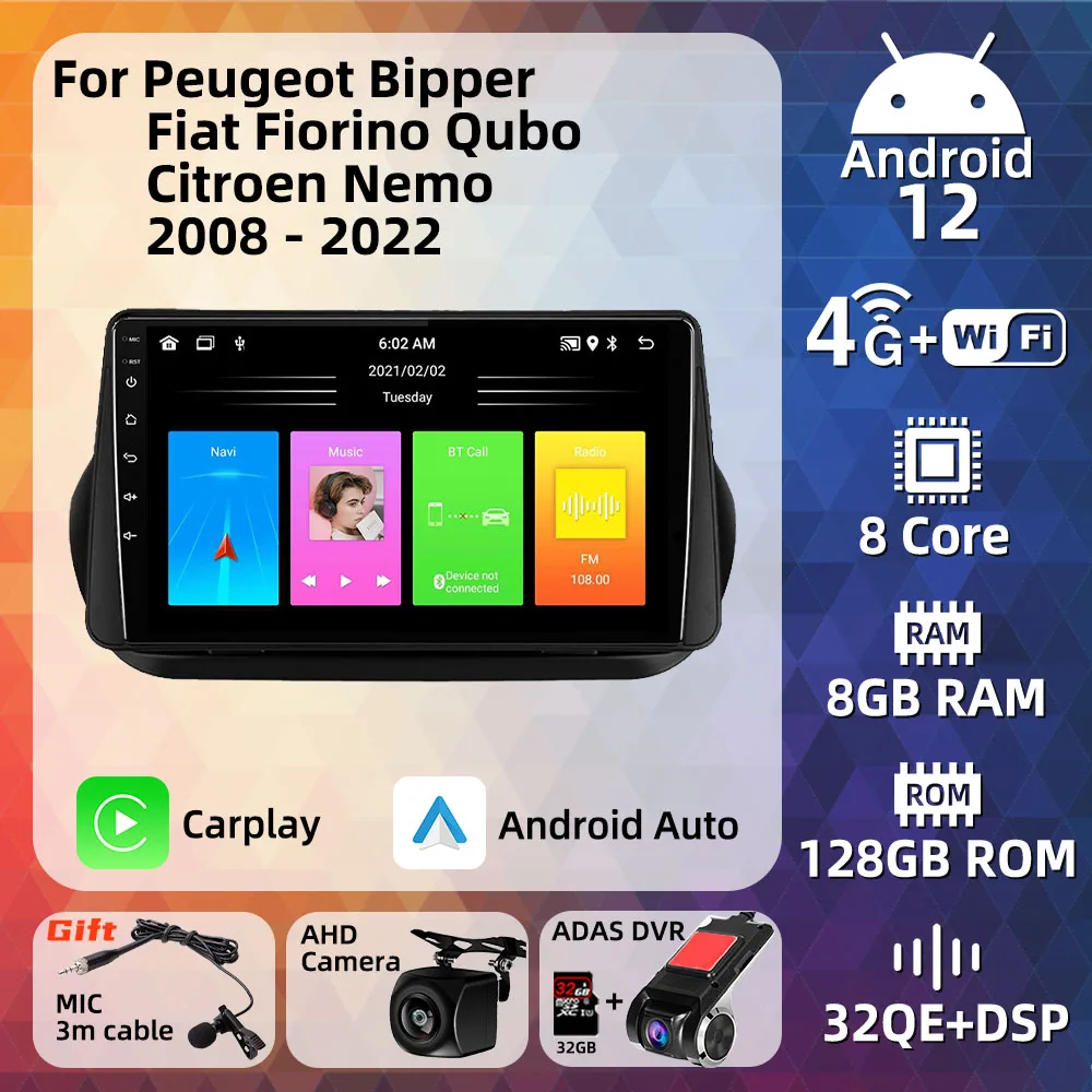 Per Peugeot Bipper Fiat Fiorino Qubo Per Citroen Nemo 2008 - 2022 Carplay Navigazione Gps 2 Din Android Autoradio Stereo Auto