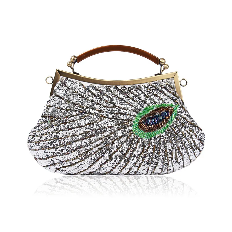 Retro Peacock Blue Evening Bags For Women Fine Sequin Embroidered Clutches Purse Wedding Dinner Party Clutch Handbag With Handle