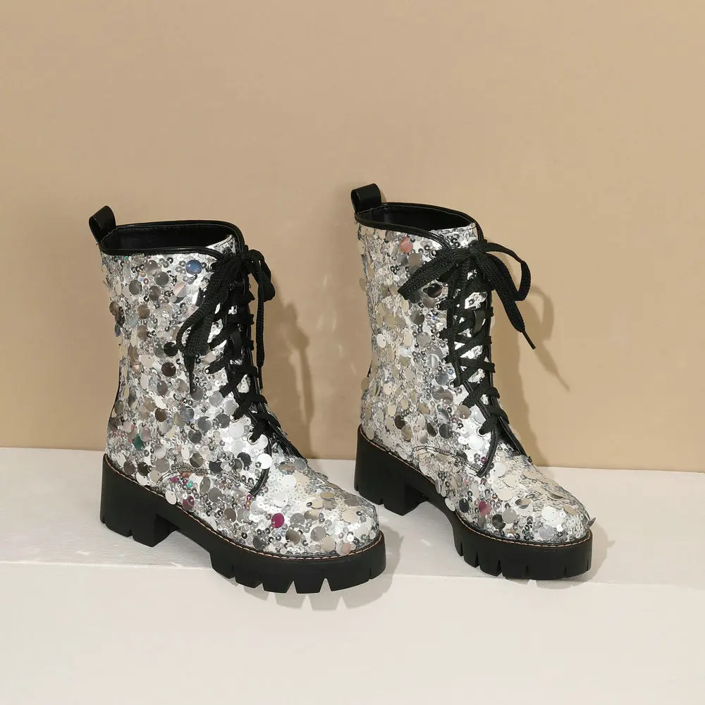 Sweet Lolita Women Mid Calf Boots Girls Lace Up Round Toe Bling Motorcycle Ridding Sequin Booties Thick Chunky Heel Dropship