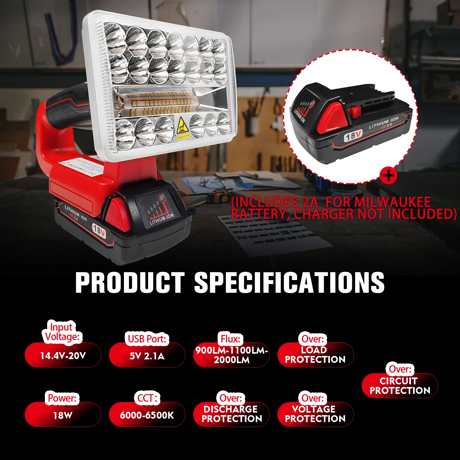 пŰ ޴ LED ۾,  LED ÷ Ʈ,  , USB Ʈ, 18W, 2000LM, 18V ͸