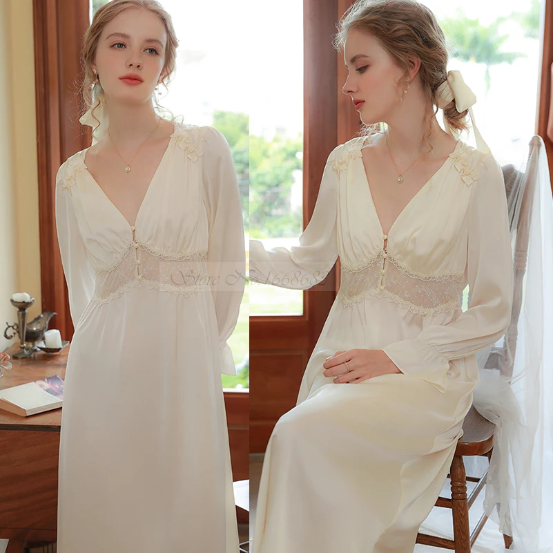 

Female Long Nightdress Elegant French Lace Nightgown Sexy Retro Palace Style Princess Sleepwear Bathrobe Loose Satin Home Wear