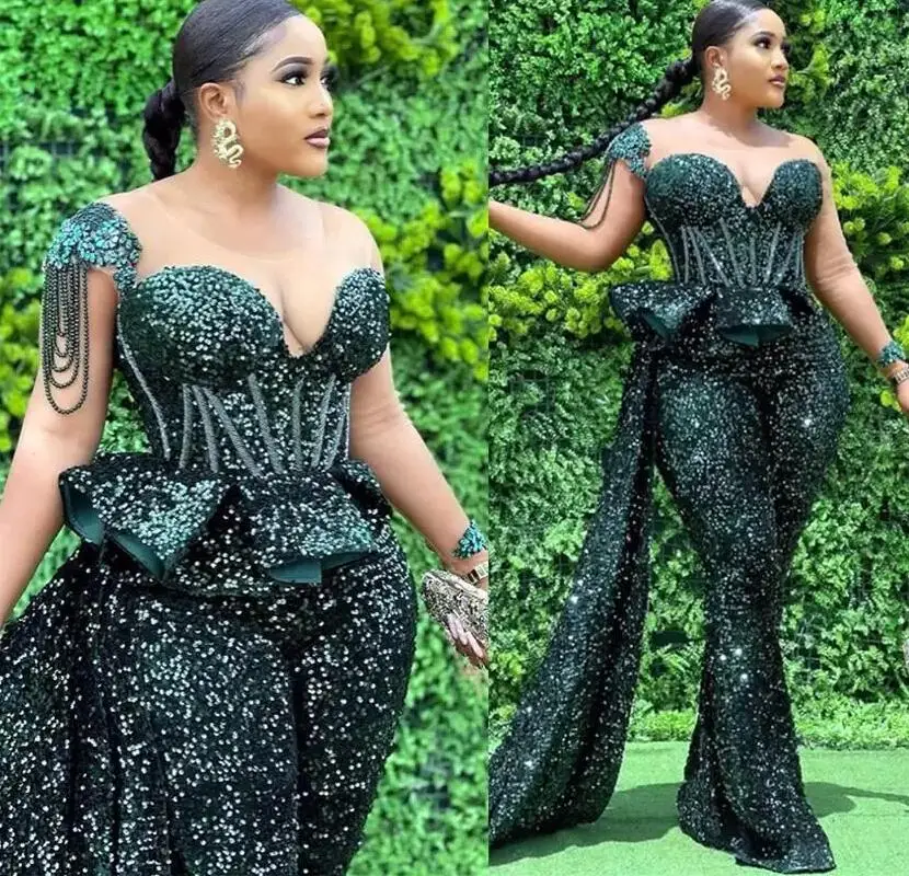 Hunter Green Jumpsuits Prom Dresses Sheer Neck Sequined Luxury African ...