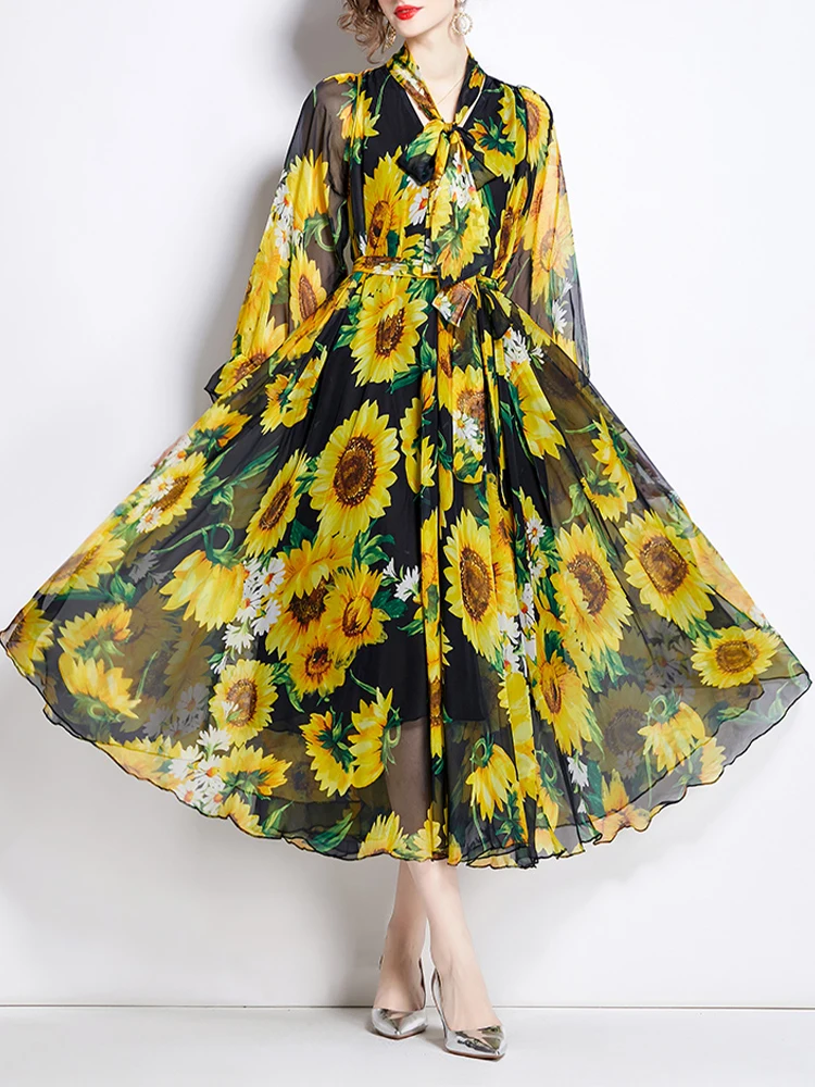 

Elegant Chiffon Printed Long Sleeved Dress 2024 New Fashion Women'S Clothing