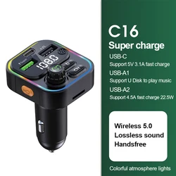 Premium Bluetooth 5.0 FM Transmitter with Handsfree Calling & MP3 Playback, Featuring Ultra-Fast 22.5W USB Charging (C16-Black)