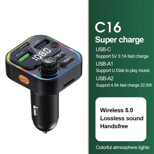블루투스 5.0 FM 송신기, 차량용 핸즈프리 라디오 변조기, MP3 플레이어, 22.5W USB, 초고속 충전 어댑터 10