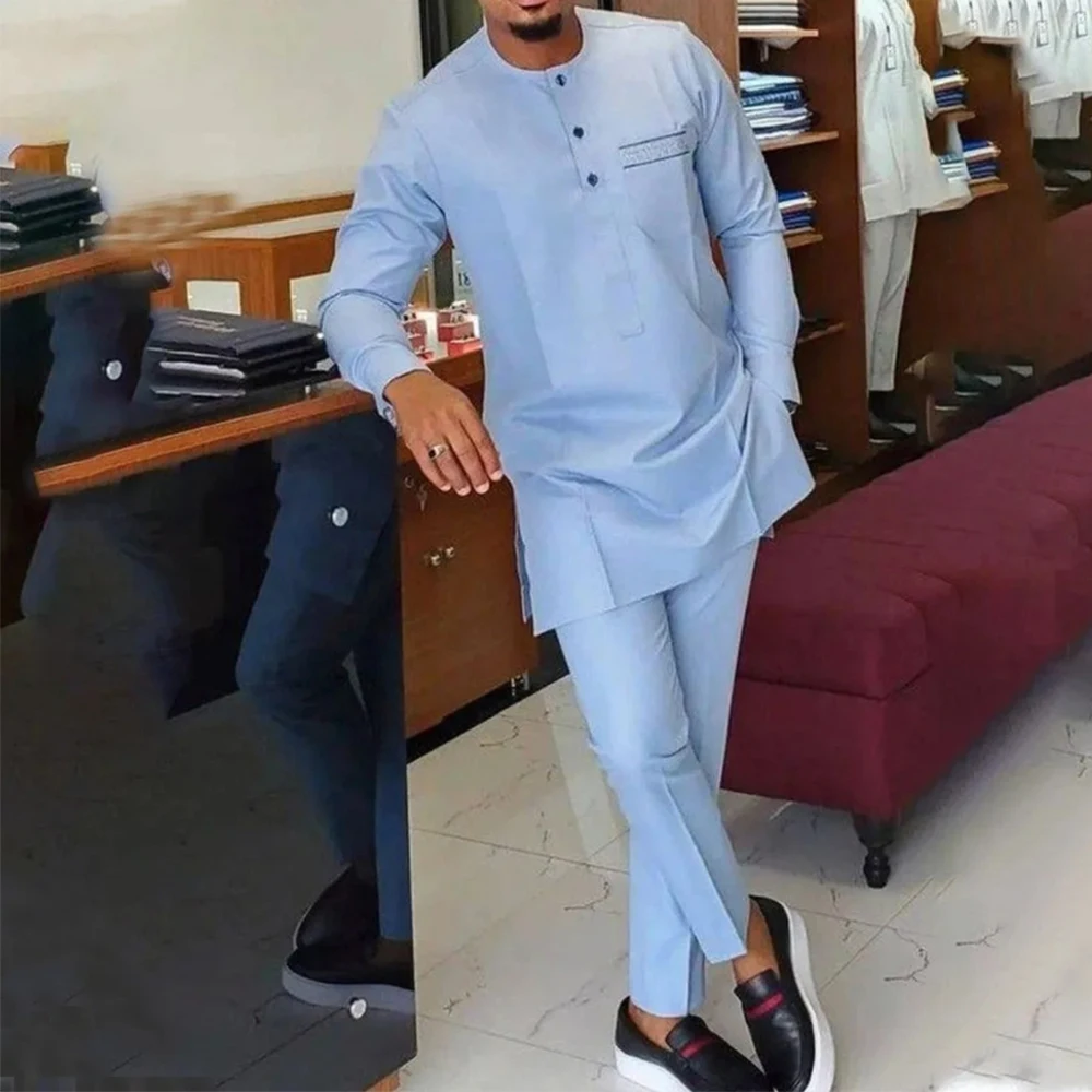 New Men's Tenos Wedding 2-Piece Suit Waist Pants Shirt Solid Color Panel Long Sleeve Party African Ethnic Style Clothing (M-4XL) 5