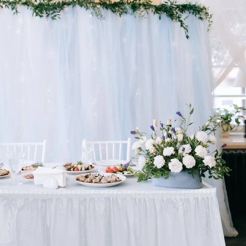 White Plastic Table Skirt 14 Feet X 29 Inch Rectangle Tables Table Skirts Disposable Cover for Birthday Baby Shower Party