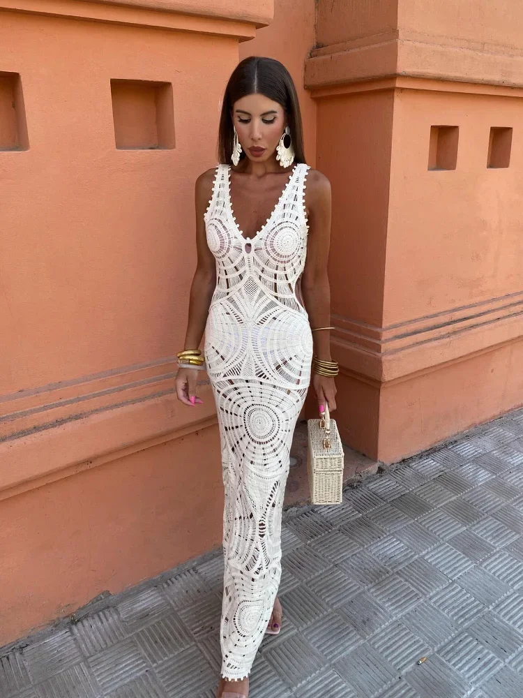 

Sexy Lace Mesh Hollow Out Knitted Dress Women Elegant Sleeveless Strap Slim Beach Robes 2024 Summer Lady Party Street Vestidos