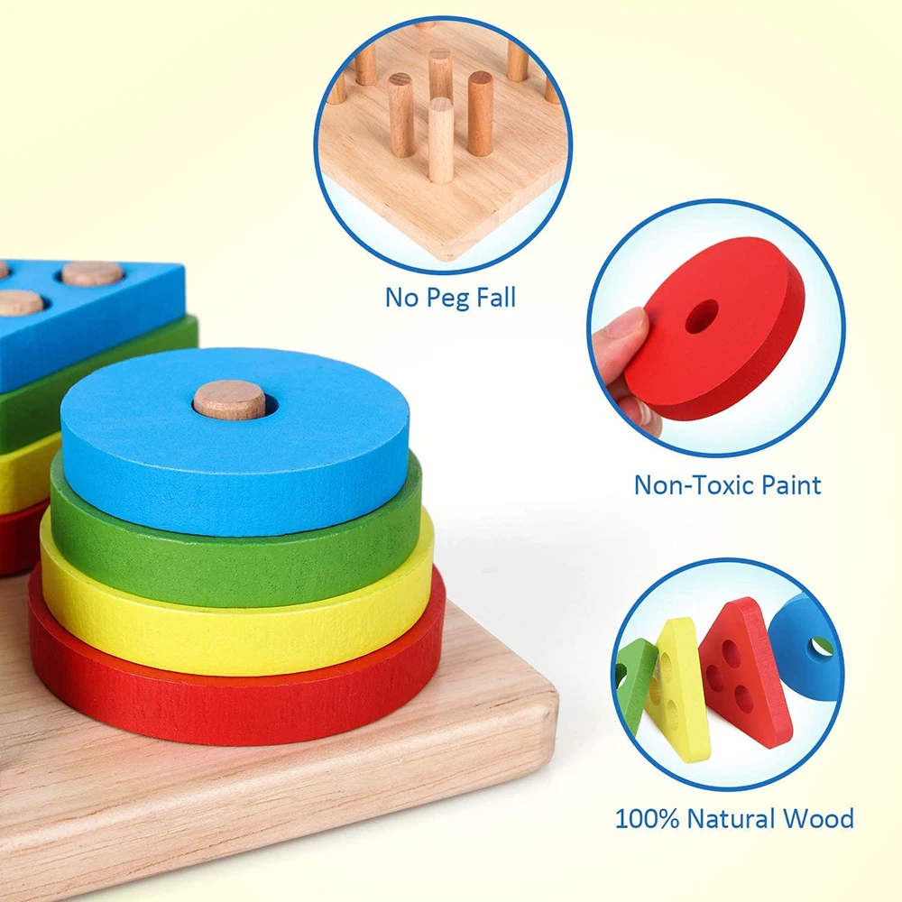 مونتيسوري خشبية الفرز والتكديس ألعاب تعليمية التعلم مرحلة ما قبل المدرسة التعرف على اللون شكل فارز الألغاز للأطفال هدايا