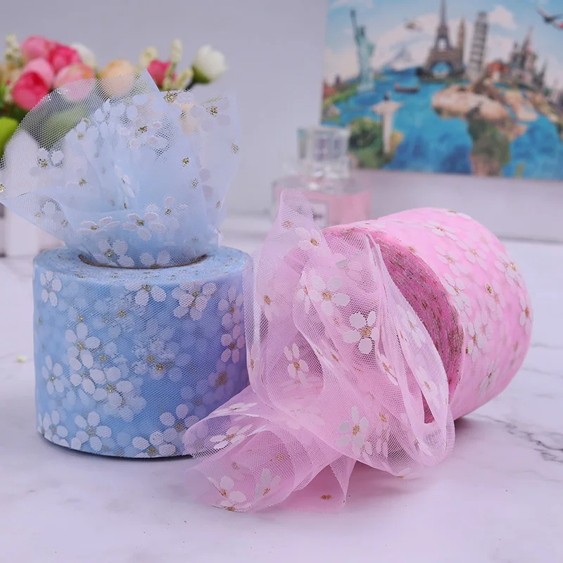 6cm 5 metrów Floret Tulle Daisy rolka wstążki DIY Handmade Craft ozdoba do włosów pieczenia wiśniowe kwiaty drukowane siateczkowa tkanina dostaw