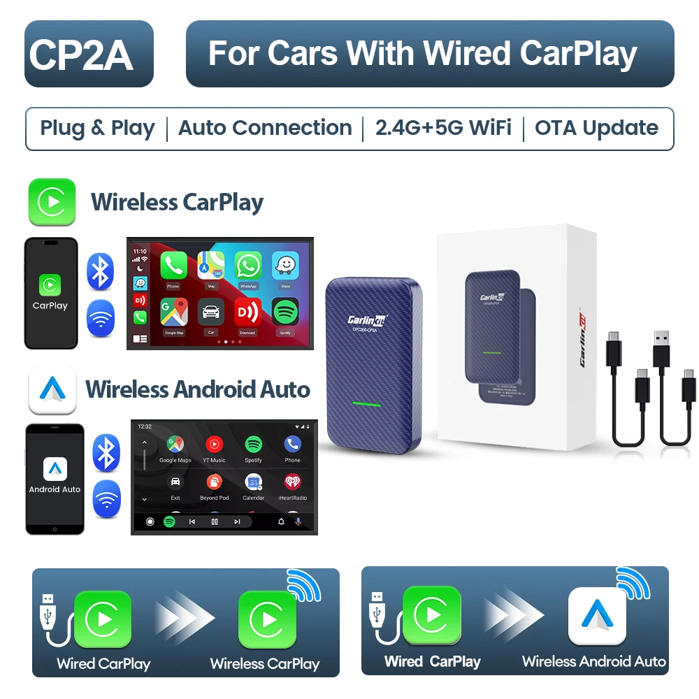 CarlinKit 4.0 2-In-1 Wireless Adapter Wireless Android Auto CarPlay 1 To 2 Smart Car Box Plug &Play OTA Upgrade For CarPlay Cars