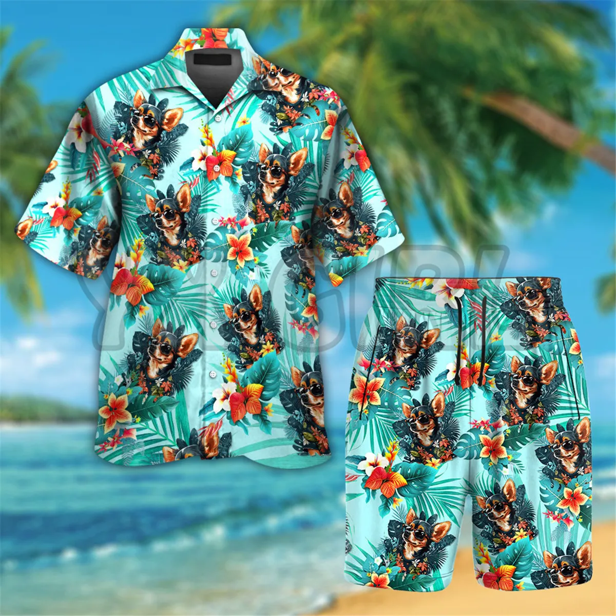 Chihuahua Dog Wearing Sunglass Funny Colorful Hawaiian Shirt 3D Printed Hawaiian Shirt+Beach Shorts Men Love Dog Gift