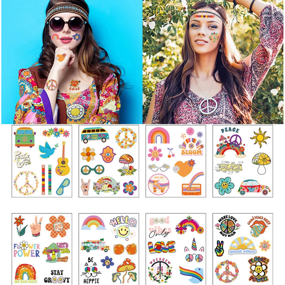 

10pcs Hippie Tattoo Sticker Waterproof Flower Smiling Face Rainbow Stickers for Hippie Wedding Birthday Party Decorations