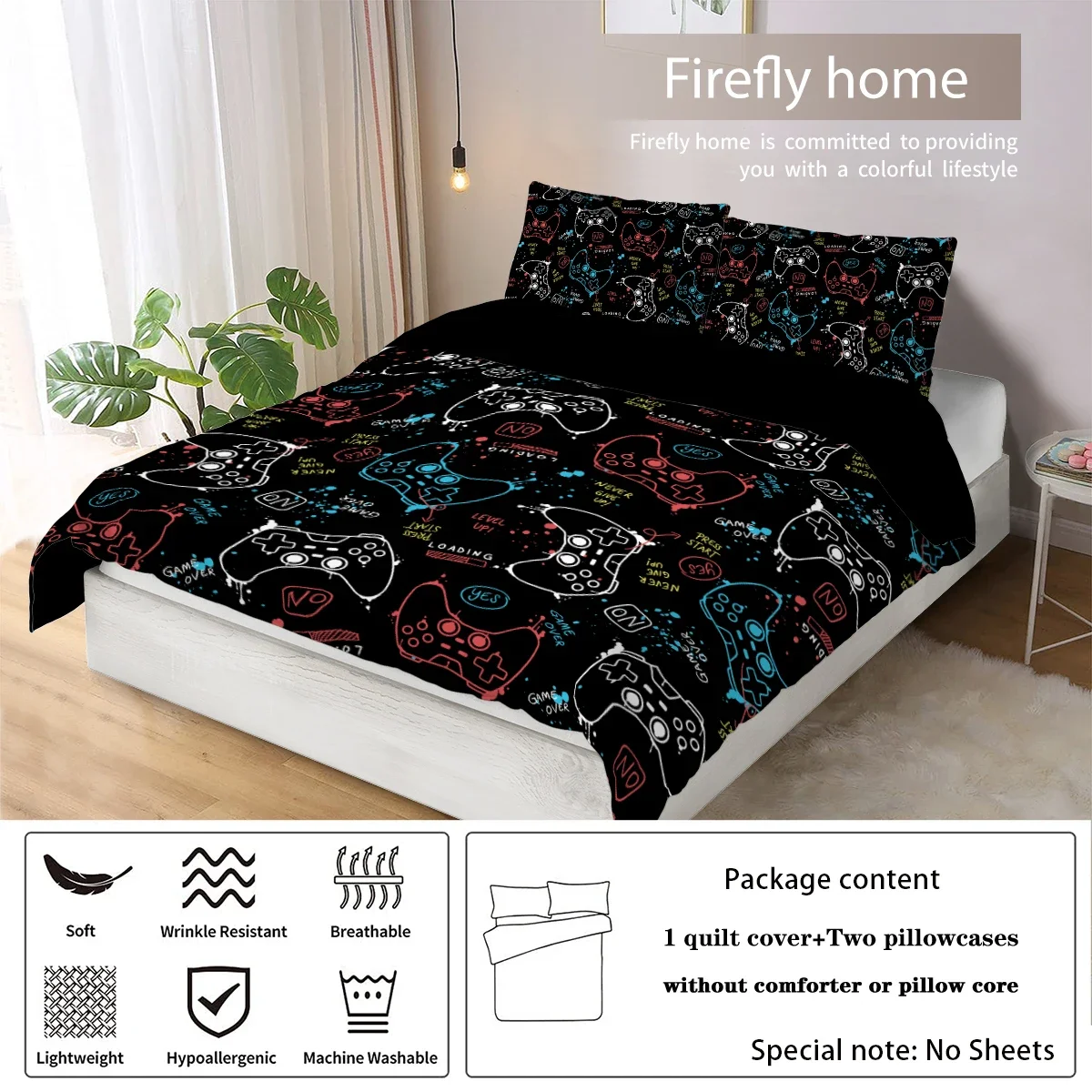 3-piece down duvet cover set with game controller pattern digital printing (1 duvet cover+2 pillowcases, no core) bedding set