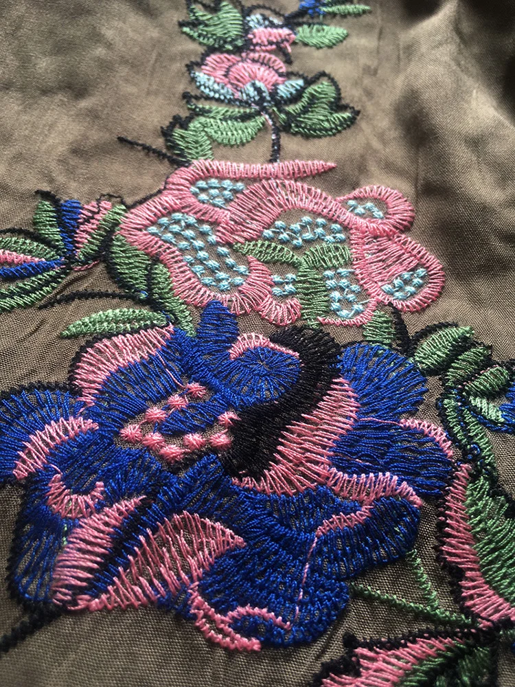 Fitshinling Flowers Embroidery Beach Kimono Holiday Army Green Vintage Swimwear Cover-Ups Long Sleeve Autumn Outer Cover beach cover swimsuit cover beach dress