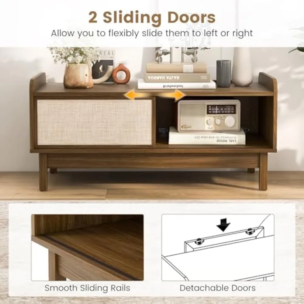 Coffee Table with Storage and Sliding Doors, Mid-Century Modern Coffee Table , Rattan Woven Door, Wooden Accent Center Tables 6