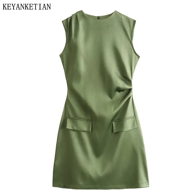 

KEYANKETIAN 2024 New Launch Women's Satin Army Green Sleeveless Dress Spring Elegant Simply Flap Pockets Slim Zipper Mini Dress