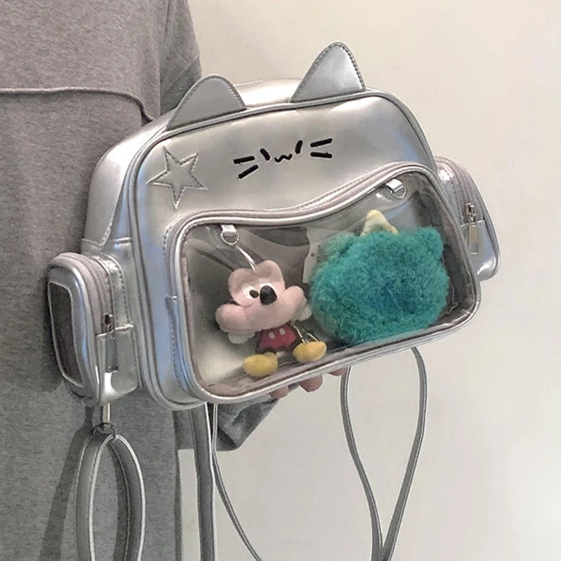 

MBTI Silver Backpacks for Women Lolita Cute Cat Pu Leather Transparent Shoulder Bag All-match Kawaii Fashion Designer Ita Bag