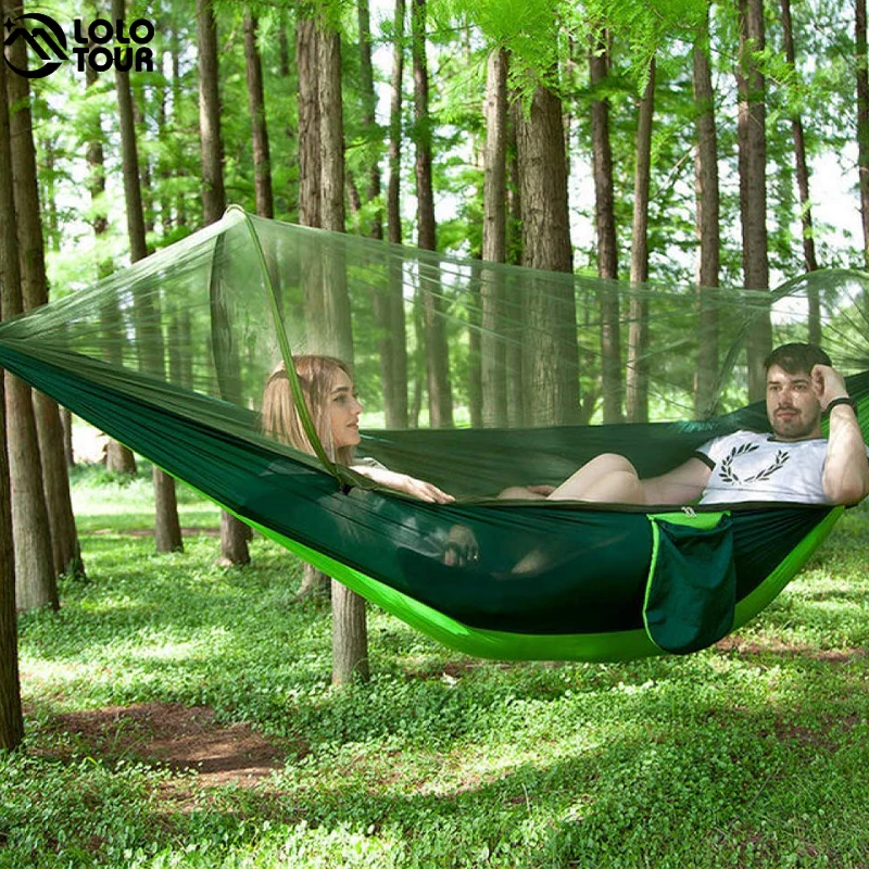 Double Camping Hammock with Mosquito Net Portable Hammock with Tree Straps  Lightweight Parachute Travel Bed Quick Open Easy Set