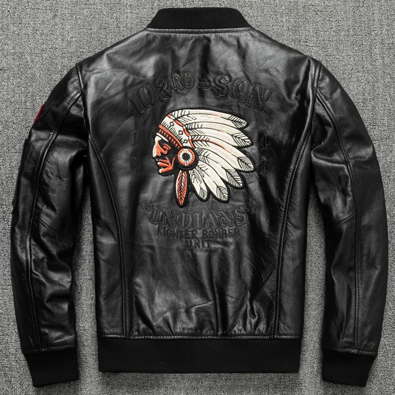 

New Fashion Indian Embroidery Baseball Jacket Natural Genuine Coat Men's Cowhide Leather Motorcycle Slim Jackets