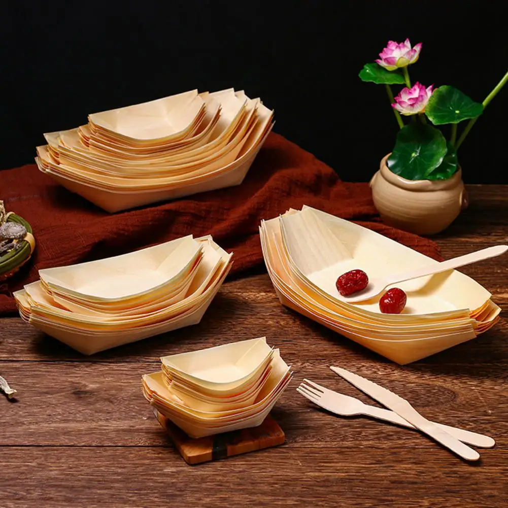 100Pcs Sushi Serving Boat Japanese Style Wood Disposable Food Grade Dessert Salad Appetizer Food Serving Tray Kitchen Supplies