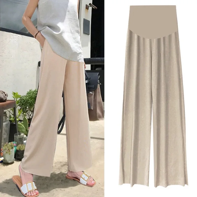 Maternity Trousers Summer Thin Cotton High Waist Abdomen Pant For Pregnant Women Wide Leg Loose Prenancy Full Length Belly Pants
