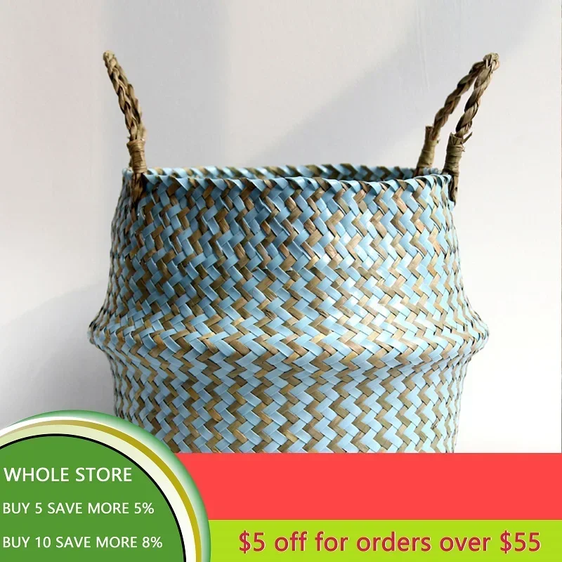 Home Cestas Mimbre Striped Wicker Storage Baskets Laundry Basket Handmade Collapsible Straw Patchwork Seagrass Osier Panier 2