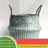 Home Cestas Mimbre Striped Wicker Storage Baskets Laundry Basket Handmade Collapsible Straw Patchwork Seagrass Osier Panier 2