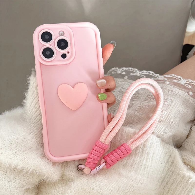 Adorable 3D Love Heart Silicone Phone Case with Lanyard Rope Cover