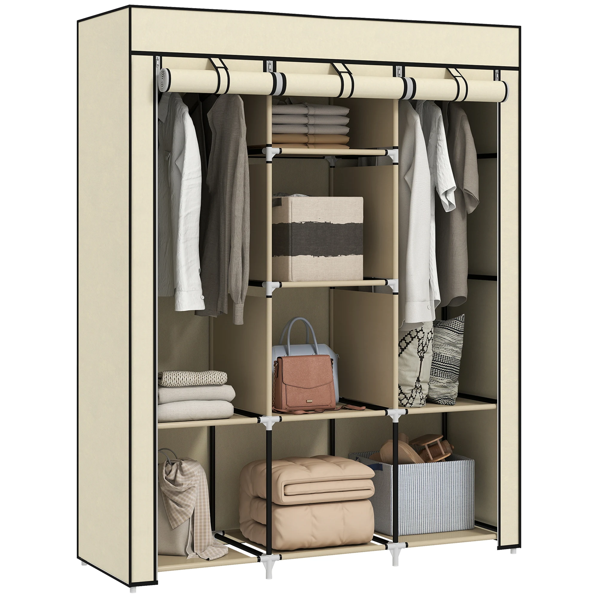 Armadio In Tessuto Pieghevole HOMCOM – 2 Barre, 5 Ripiani E 3 Cassetti, Struttura In Acciaio, 125x43x162,5 Cm, Nero