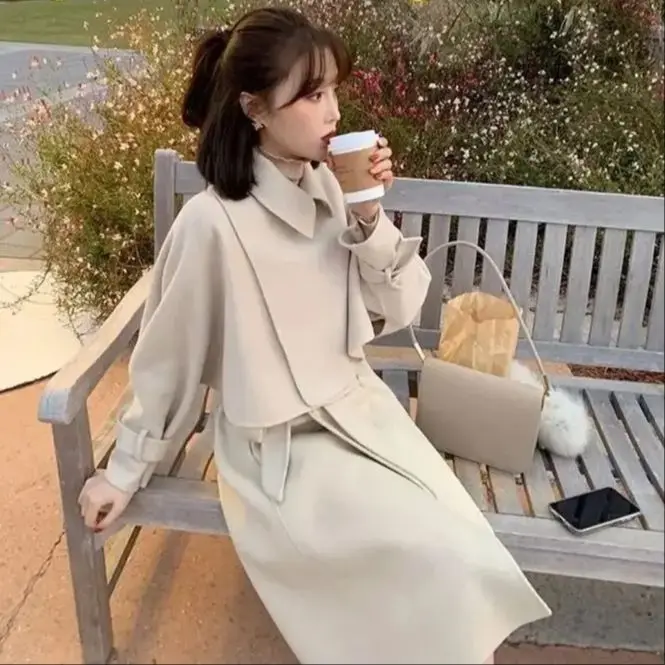 

Korea Woolen Two-Piece Set Autumn Winter Short Woolen Coat Women'S Short Mid-Length Woolen Suit Commute