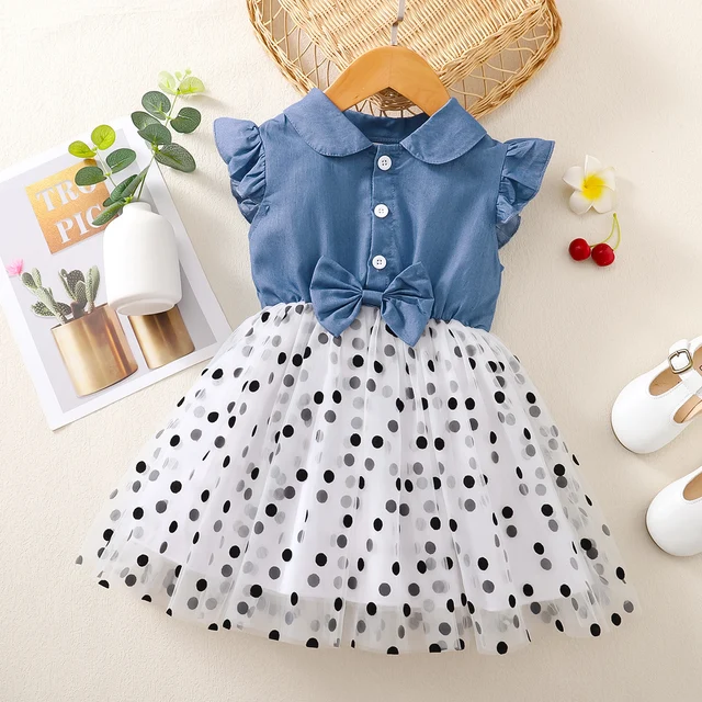 Vêtements pour filles, robe à manches volantes, en mousseline de soie, à pois bleus, pour enfants de 1 à 6 ans, robe d'été 1