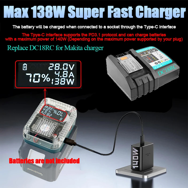 BL1830 Portable Digital Display Adapter Converter for Makita 18V Lithium Battery Fast Charger USB Type-C Power Bank Max 138W