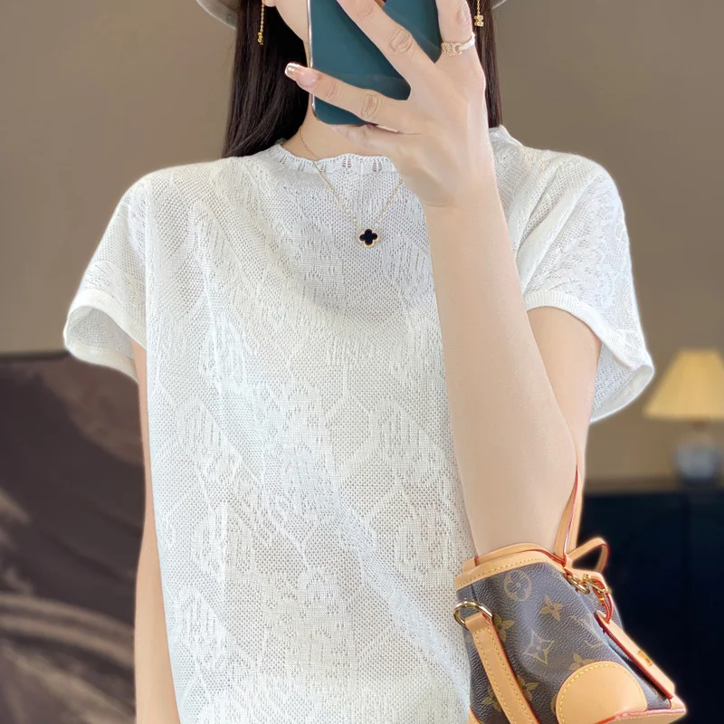 

Summer Fashion Solid Color French Women's Loose Thin Round Neck T-Shirt Top Pullover With Fine Imitation Knitted Flying Sleeves