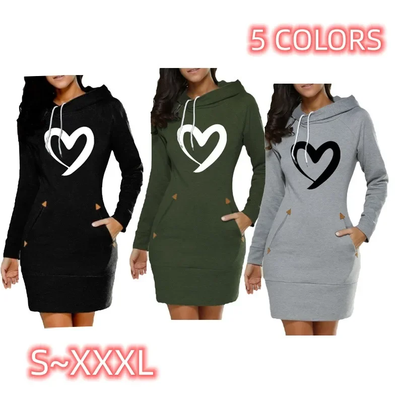 Love Heart Printed Women Hoodies Dress Sweatshirt Dresses Long Sleeve Pocket Slim Fashion Casual Autumn Spring Female Mini Dress