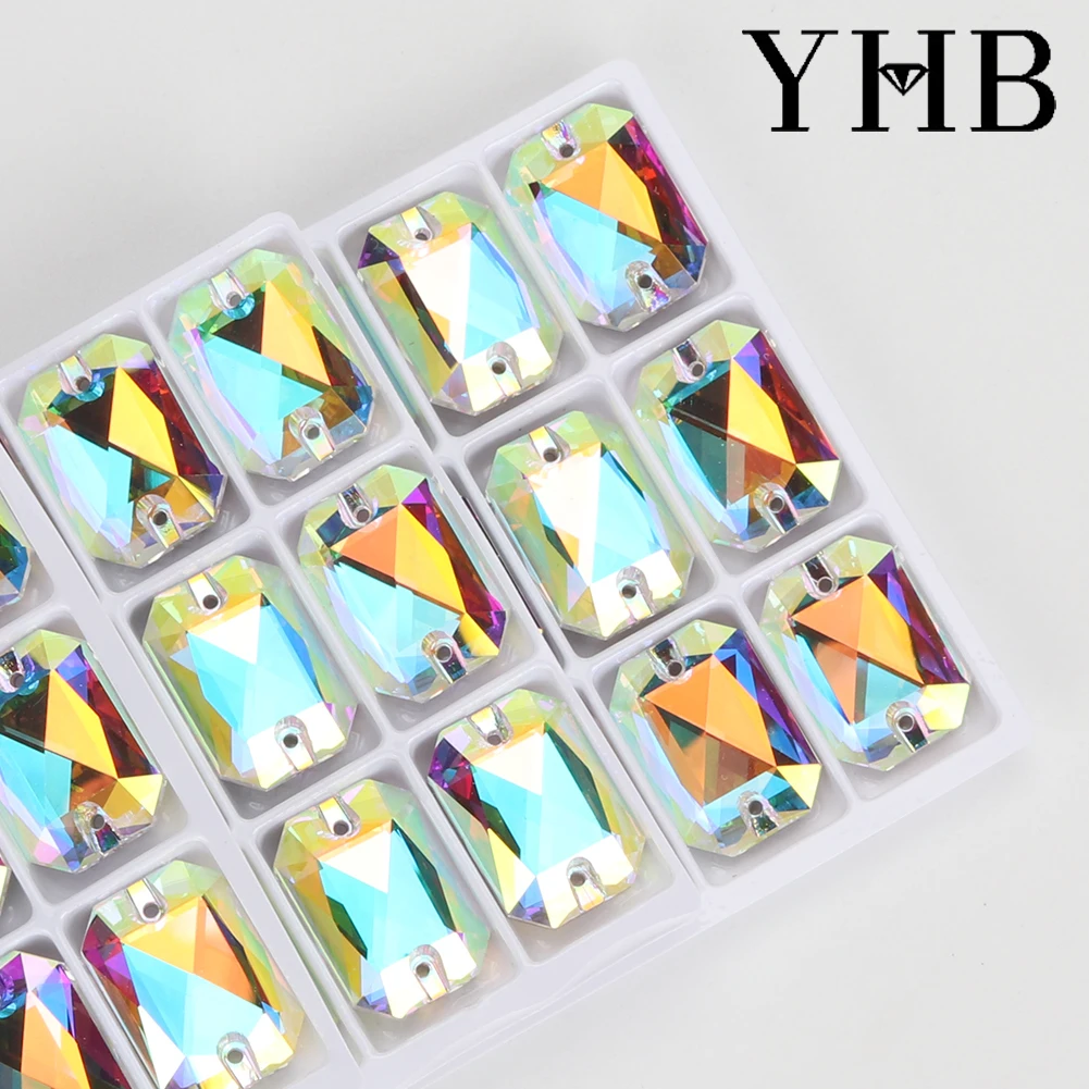 YHB Emerald Cut Glass Siam Aquamarine Crystal AB Sewing Stones Flatback Sew on Rhinestones For Garment Clothes Bags sew on rhinestones non hot fix rhinestones sewing rhinestones non hotfix rhinestones