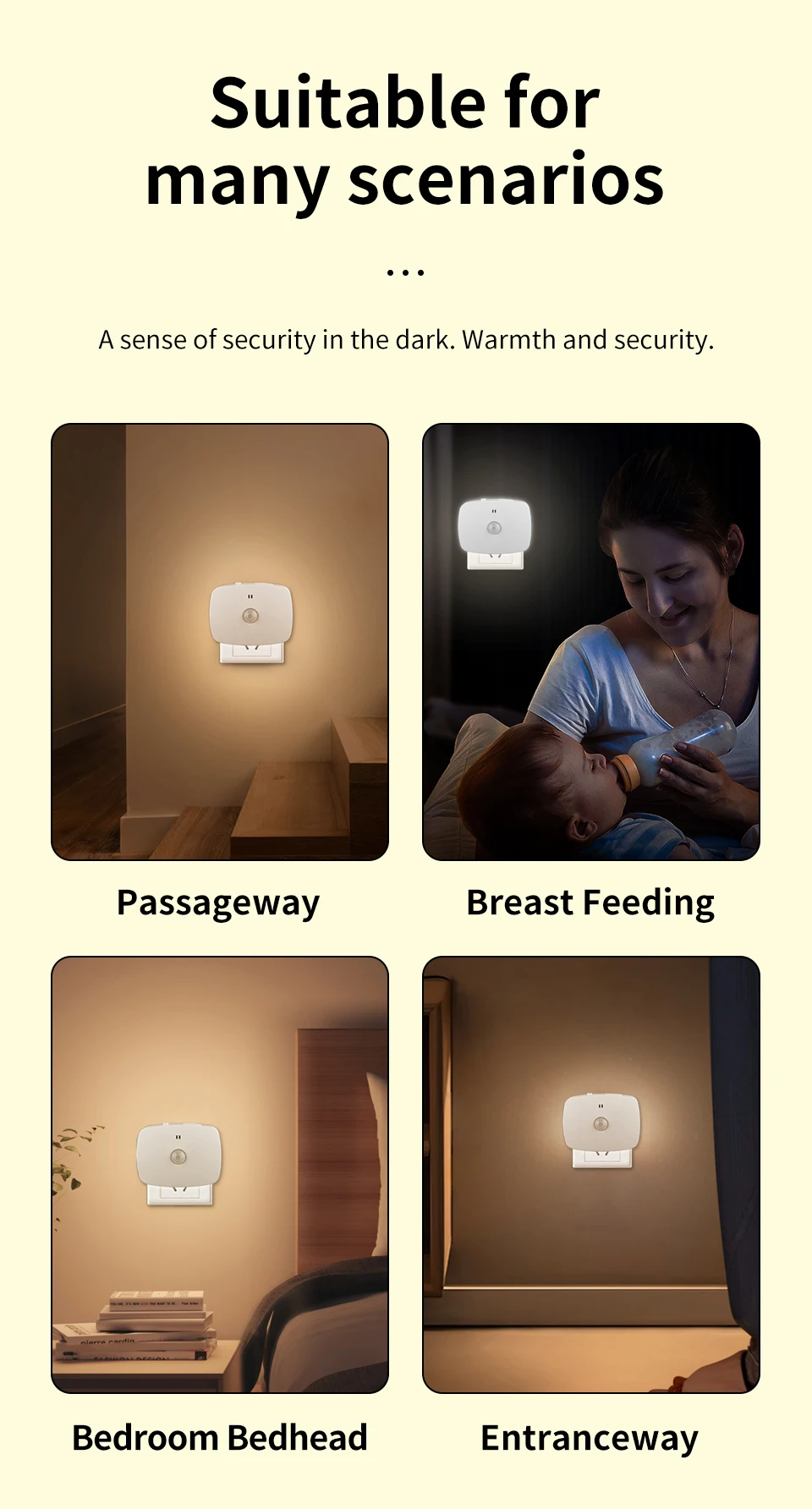 With EU Socket Motion Sensor Tri Color LED Night Light Ambient Wall Lamp for Bedroom Staircase Corridor Bathroom Entrance Hall