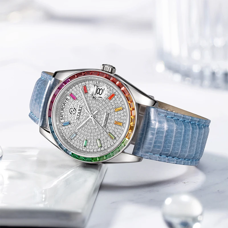 【START】Rainbow Diamond Watch Men's and Women's Watch Mechanical Watch 36MM Unisex Size Lizard Leather Strap Week Function
