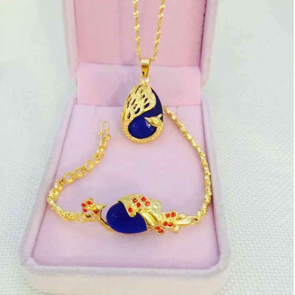 9999 Real 24K Yellow Gold Ladies' Necklace & Bracelet Set-Peacock Pendant with Cat's Eye, AU585 Gold Jewelry