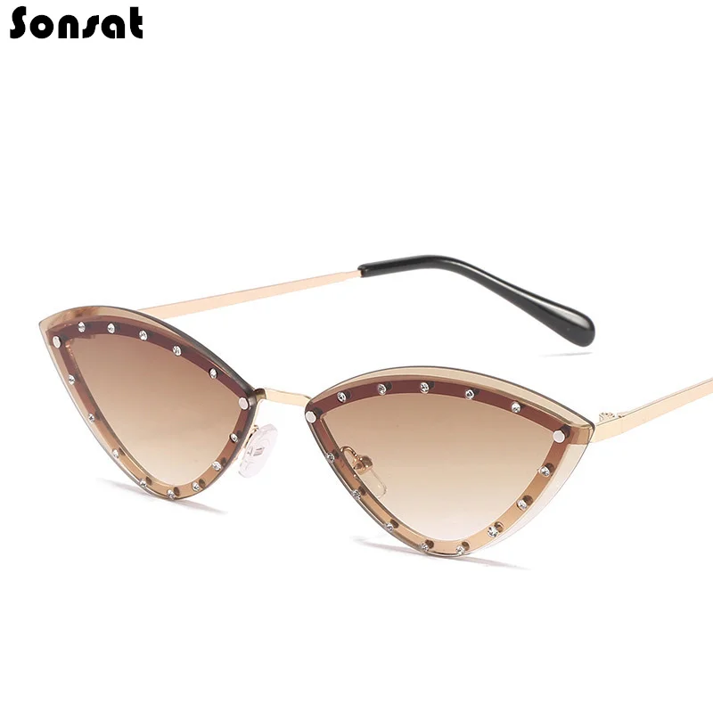 

2021 New Brand Triangle Cat Eye Sunglasses Alloy Rimless Crystal Shiny Sun Glasses Female Unique Elegant Green Rhinestone Shades