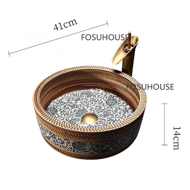 Designer Retro Ceramic Bathroom Sink Art Bathroom Fixture Household Balcony Sink Round Blue and White Porcelain Countertop Sink 6
